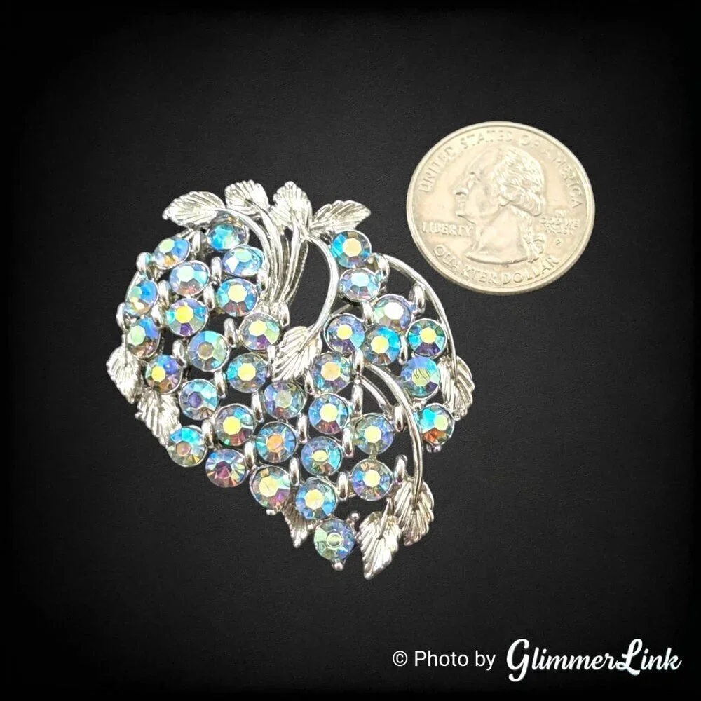Vintage BSK Blue Aurora Borealis AB Rhinestone Leaves Silver Tone Brooch